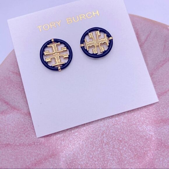 NWOT Tory Burch Gold DoubLe T With Black Enamel Trim Round Stud Earrings - Picture 4 of 10